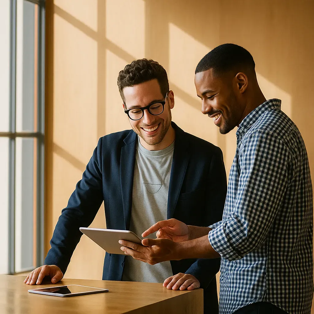 Colleagues walking through a matter on a tablet